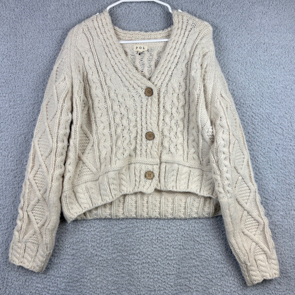 POL Cardigan Womens Medium Cream Cable Knit Button Front Chunky Boho FST111